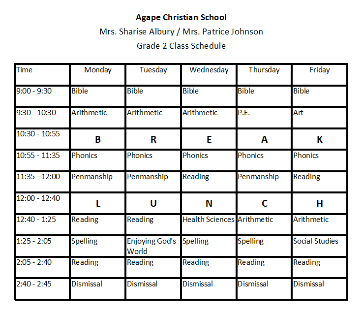 Schedules - Agape Christian School